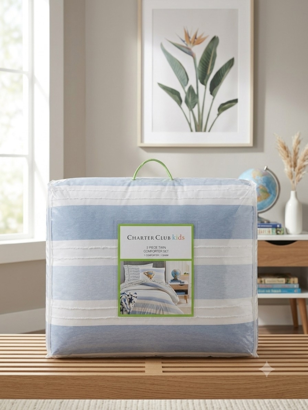 Charter Club Kids Light Blue and White Striped Twin Comforter Set